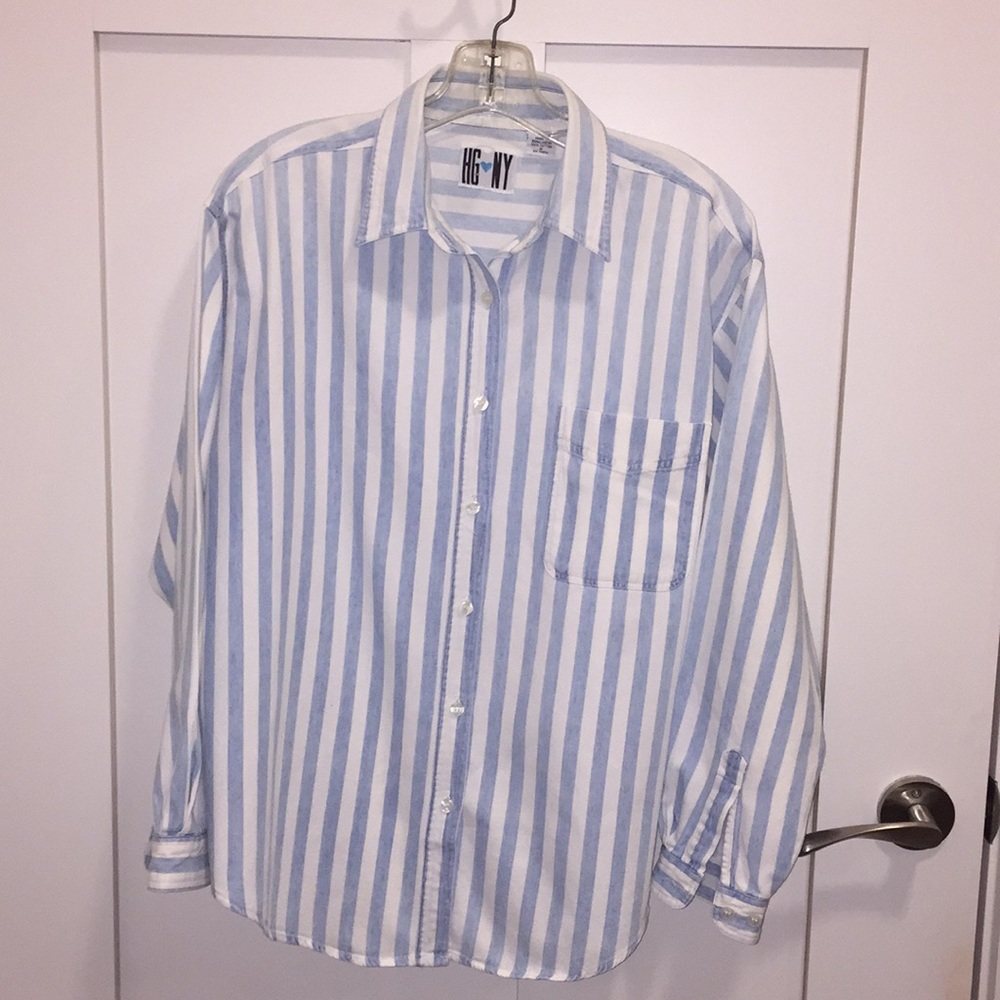 Women’s striped button down shirt.